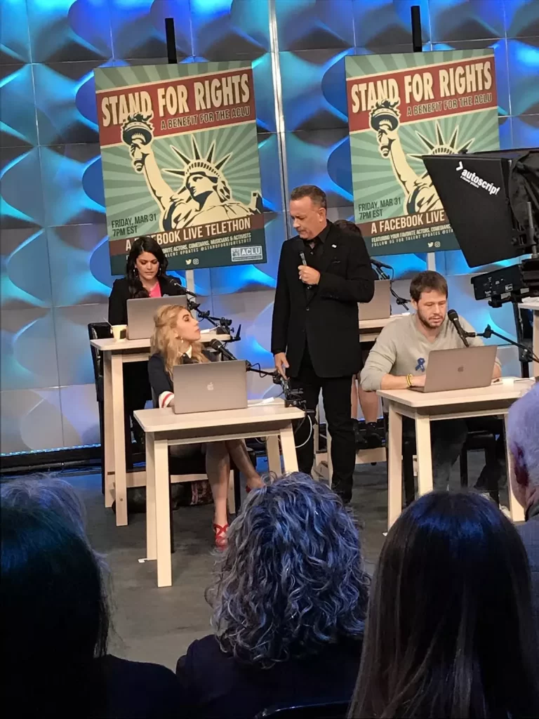 Tom Hanks hosting at the Stand for Rights ACLU live telethon on Facebook