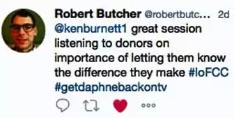 Tweet by Robert Butcher - "great session listening to donors"
