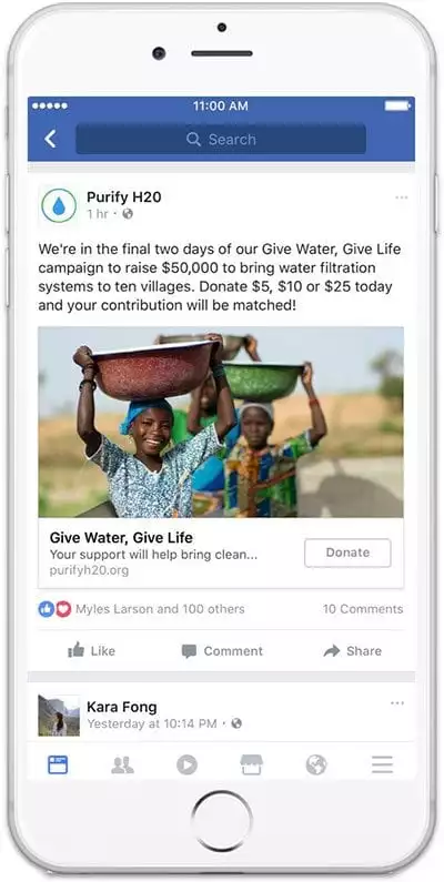 Facebook Donate button on a charity's Facebook page