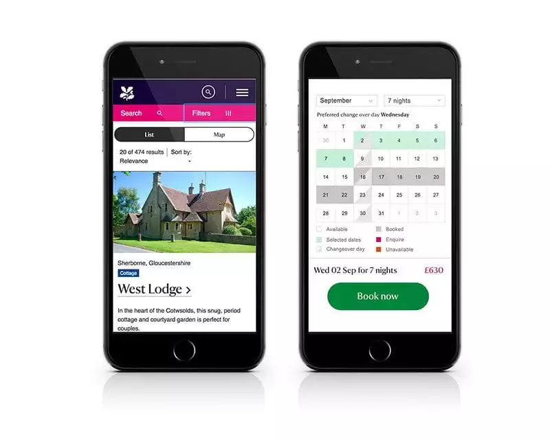 Mobile view of National Trust holidays' redesigned site