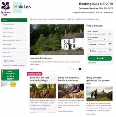 Old version of National Trust holidays site