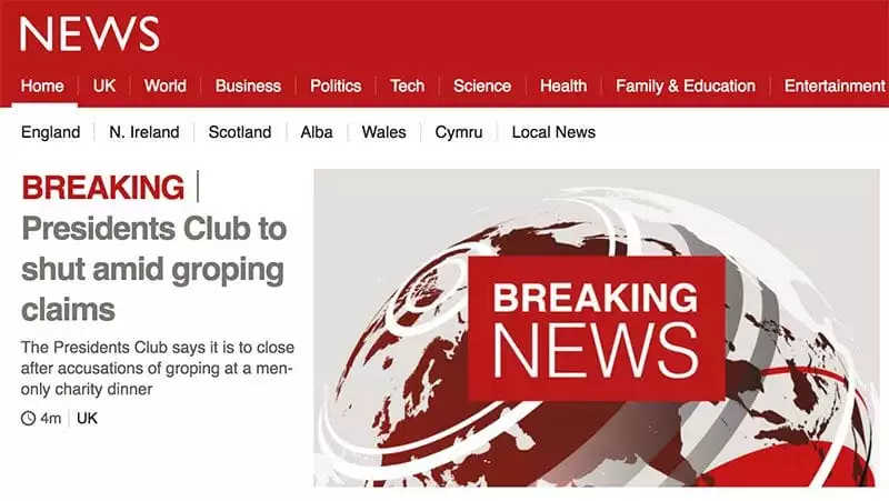 BBC News front page reporting Presidents Club is to close