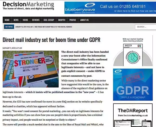 Decision Marketing article (screenshot) on GDPR and direct mail