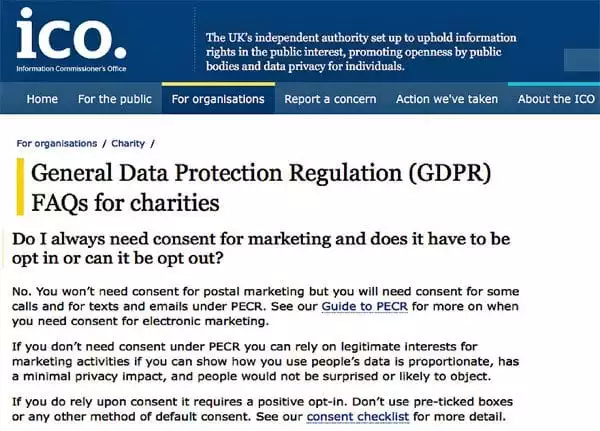 ICO's FAQs on GDPR for charities (screenshot)