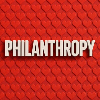 The word 'philanthropy' on a background of red hearts. Created with Bing AI by Howard Lake, March 2026