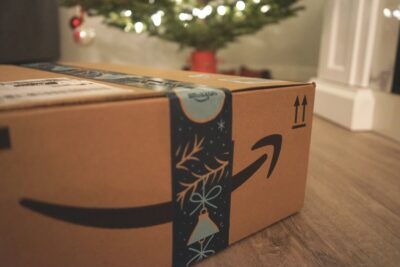 Amazon package at Christmas with the big smile/arrow logo