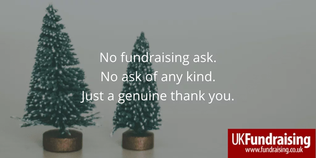 No fundraising ask. Quotation on background of two mini Christmas trees.