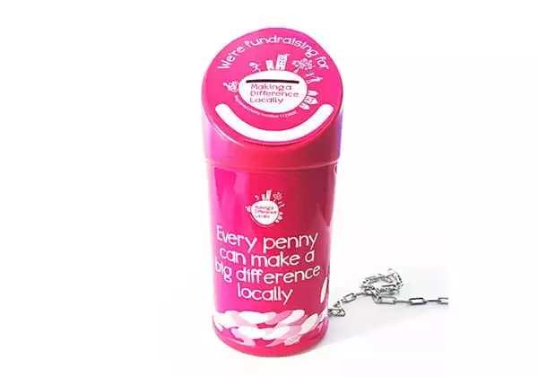 Nisa Making a Difference Locally pink collecting tin