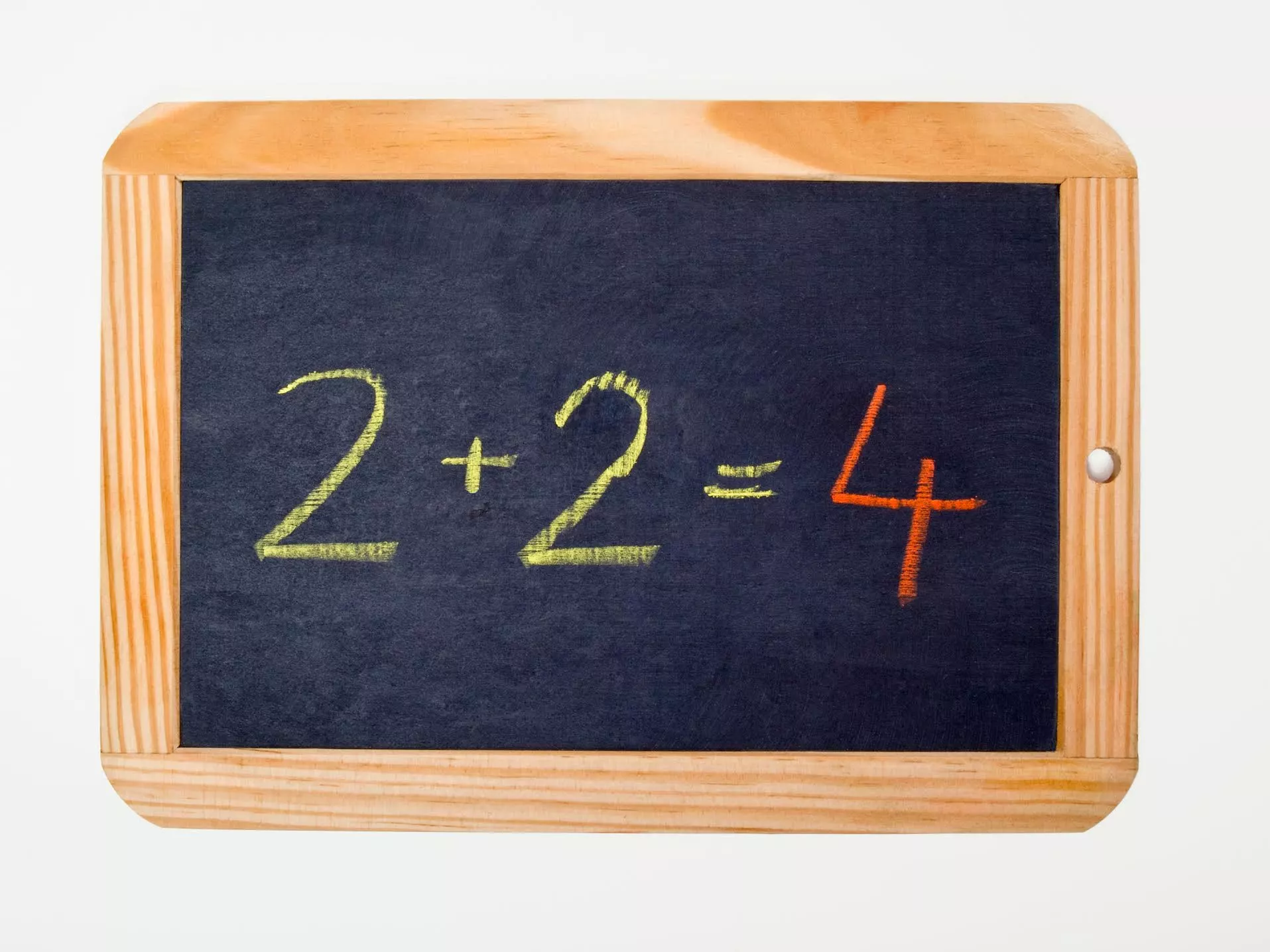 Two plus two equals four - chalk figures on blackboard. Image: Shutterstock via Giles Pegram