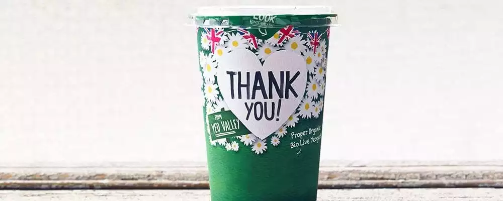 Yeo Valley Farm yogurt pot with 'thank you' on the side