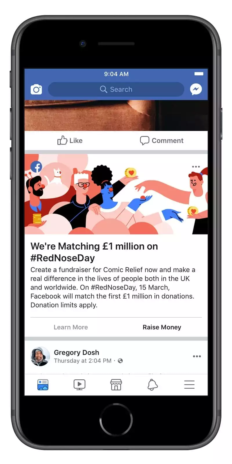 Facebook screen highlighting its £1m matched giving fund on Red Nose Day 2019