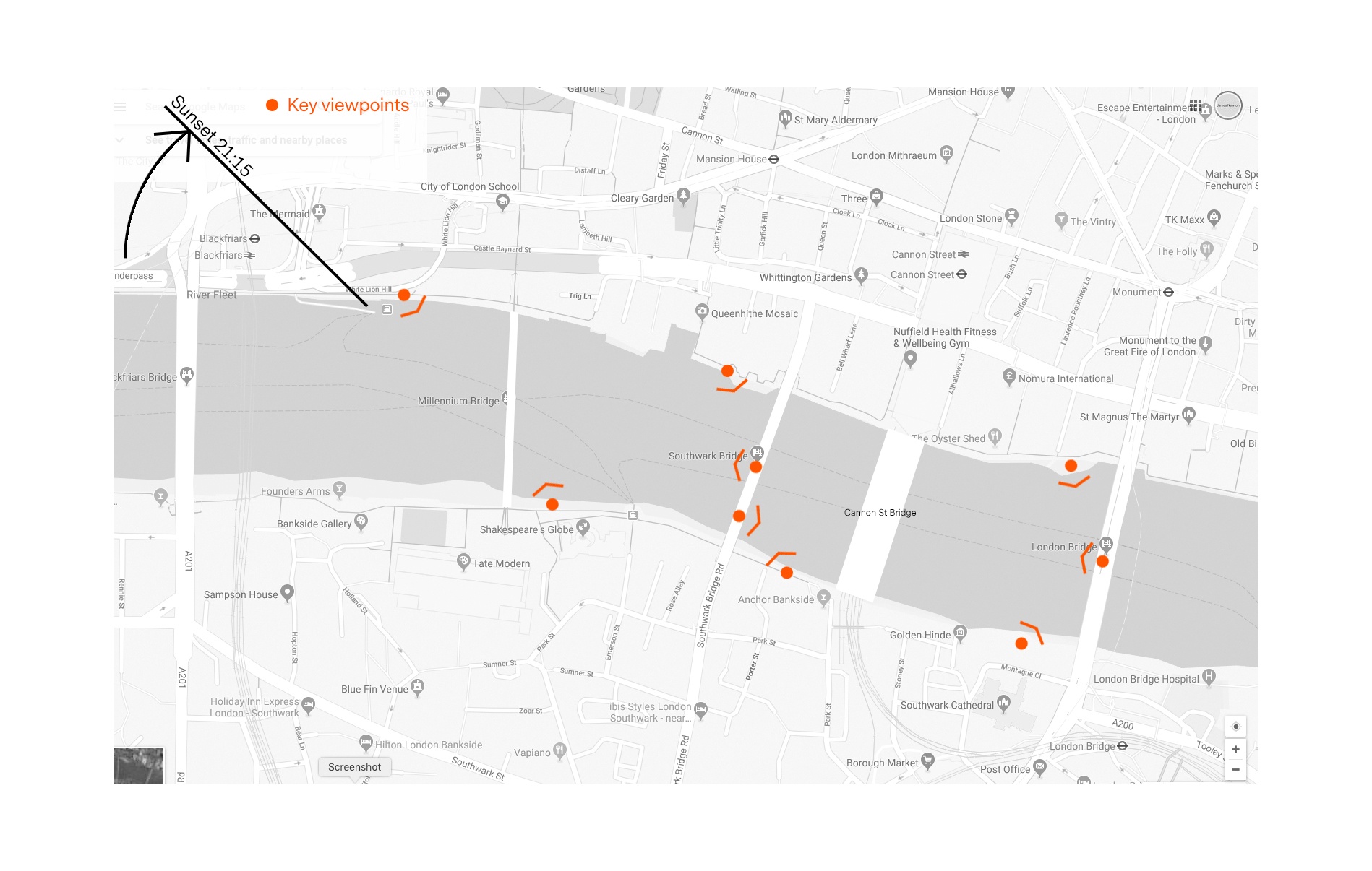 Map showing vantage points for Illuminated River