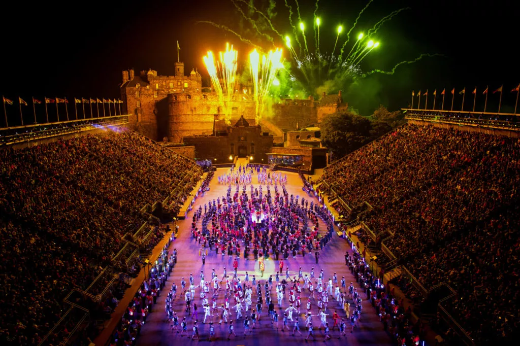 Edinburgh Scotland UK 14th Aug 2019 Royal Edinburgh Military Tattoo 2019  Kaleidoscope on Castle Esplanade in its 69th show inspired by the optical  instrument by Scottish scientist Sir David Brewster and Sir