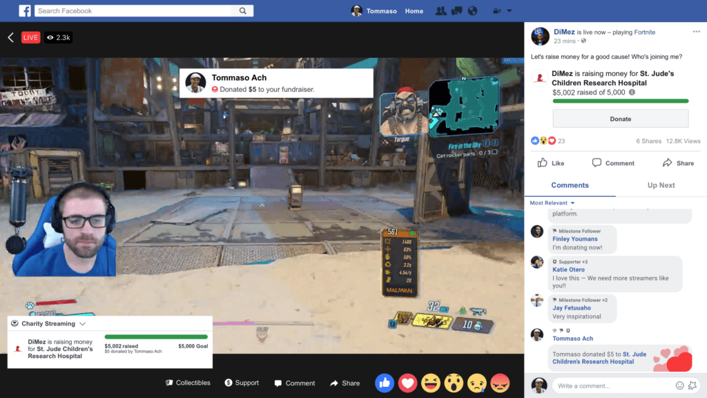 Facebook Gaming for charity livestream on desktop