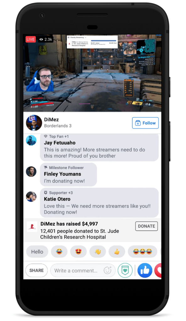 Facebook gaming charity livestream on mobile