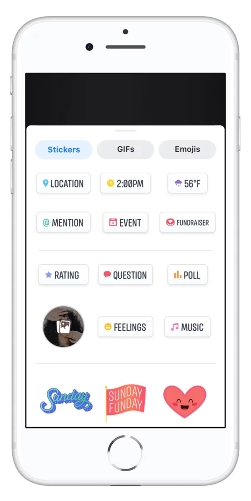 Facebook Stories donation sticker menu