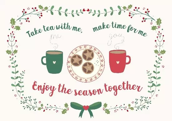 Christmas card with two mugs on, and a plate for biscuits