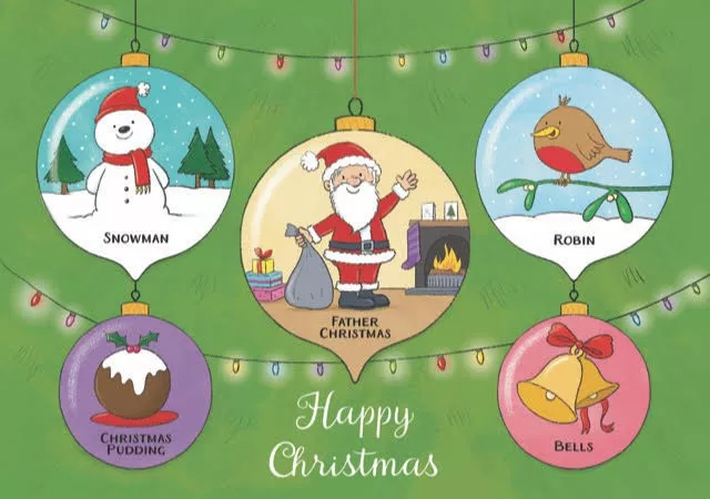Christmas card with illustrations of a snowman, robin, bell, Christmas pudding and Santa Claus, all on baubles.