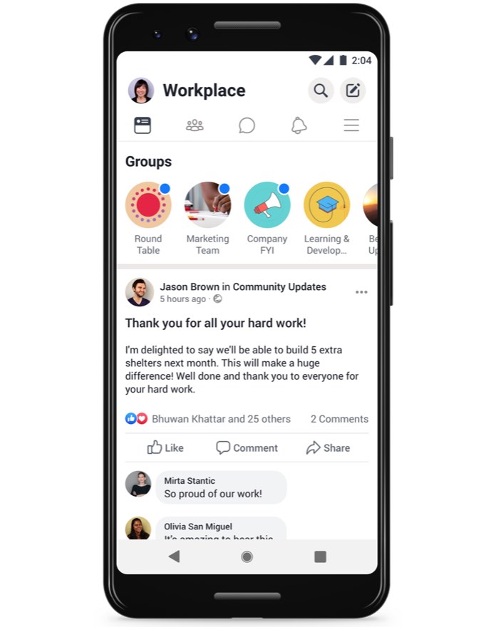 Facebook Workplace for Good on mobile phone