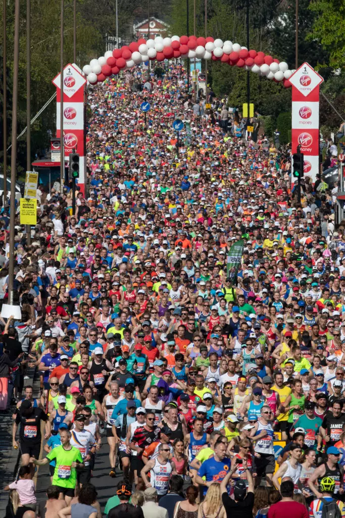 A view of the mass-runners as they pass the one-mile mark in the Virgin Money London Marathon, 22 April 2018. Photo: Dave Shopland for Virgin Money London Marathon