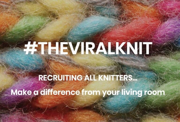 #TheViralKnit - recruiting all knitters. Background closeup image of multi-coloured wool strands.