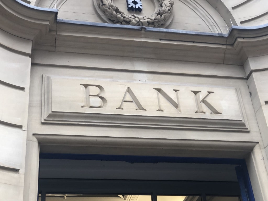 Bank sign in stone.