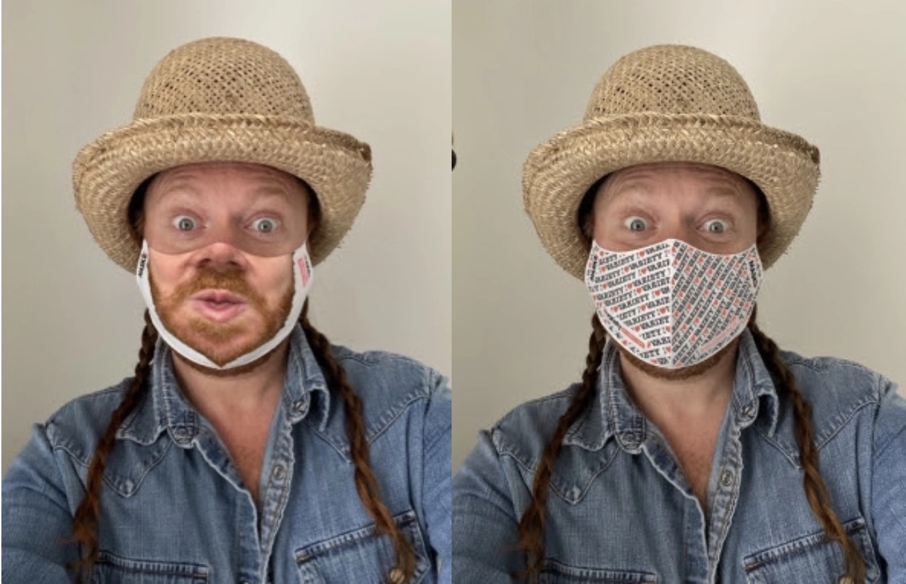 Comedian Keith Lemon sports his personalised face mask and that of Variety, the Children's Charity