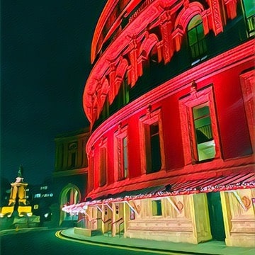 Royal Albert Hall illuminated at night. Filter applied.