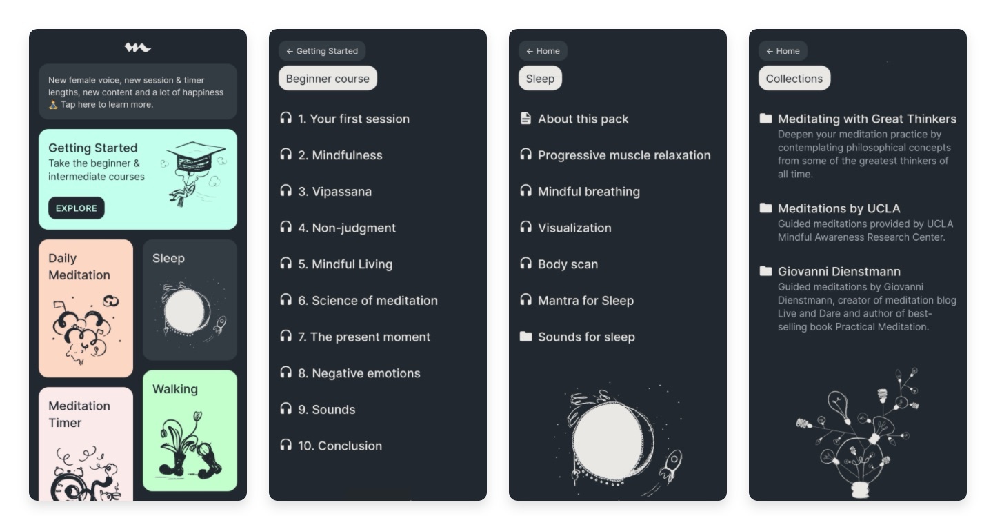 Medito app - four screenshots