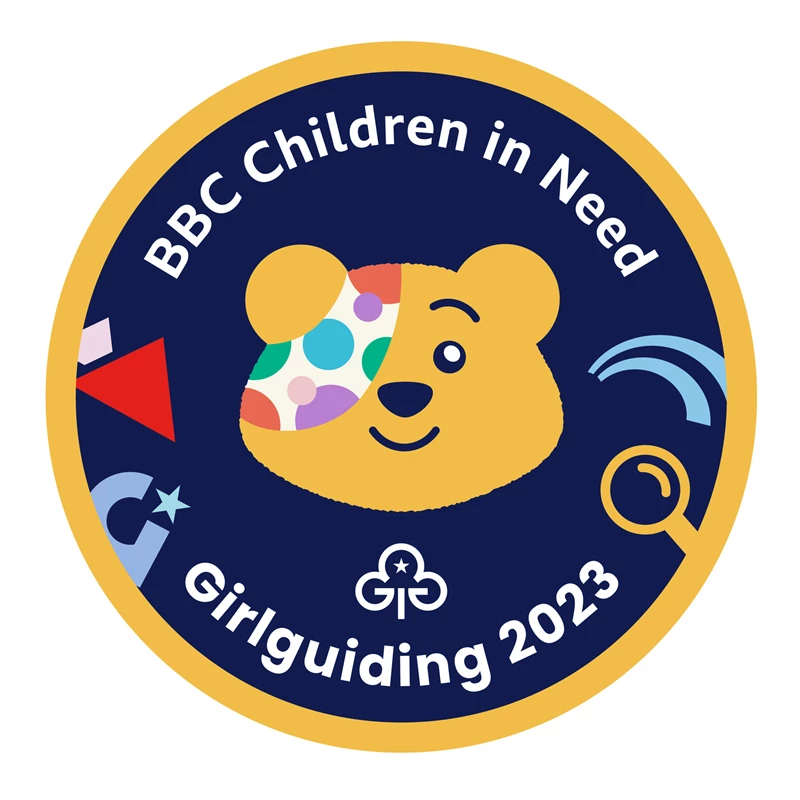 BBC Children in Need Pudsey Badge for Girlguiding (2023 version). Image of the teddy bear mascot in the middle.