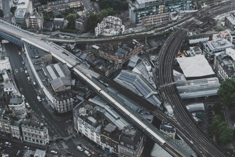 Borough Market in Southwark, viewed from above, with intersecting railway lines and viaducts prominent.
