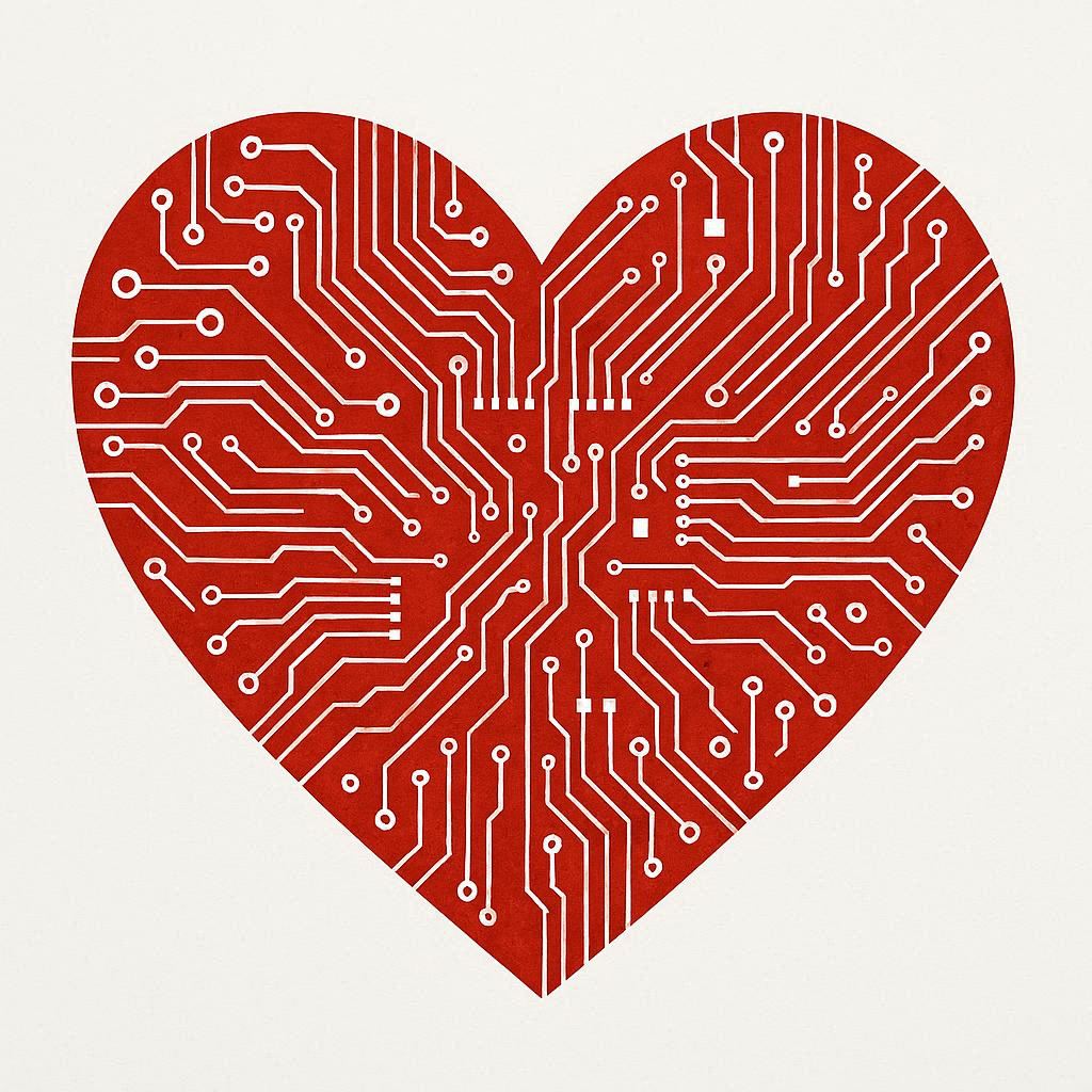 A red digital heart illustration, suggesting technology for good.