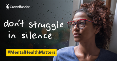 Crowdfunder's #MentalHeathMatters campaign with "don't struggle in silence" headline and a photo on the right of a young woman looking at those words. Photo: Crowdfunder.co.uk