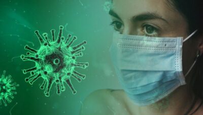 Coronavirus virus (mockup) and woman with a face mask. Photo: Pixabay