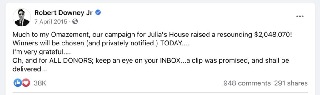 Robert Downey Jr's Facebook post announcing the $2m raised
