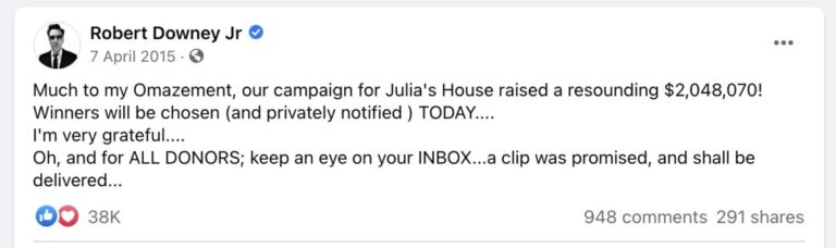 Tweet from Robert Downey Jr announcing total raised for Julia's House
