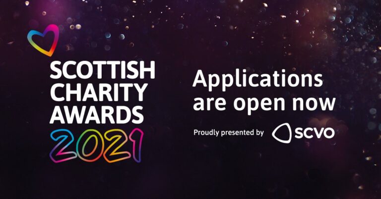 Scottish Charity Awards 2021 logo and announcement that applications are now open