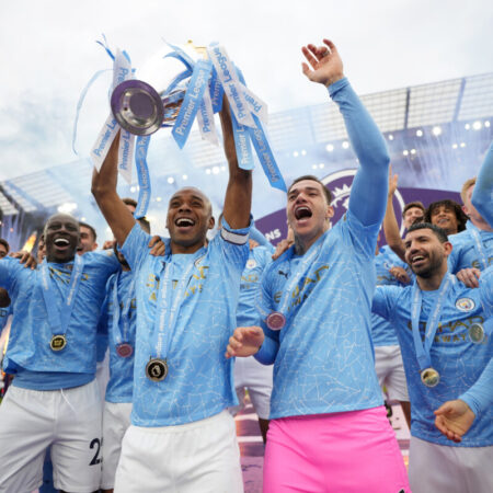 Manchester City lift the Premier League trophy, 23 May 2021