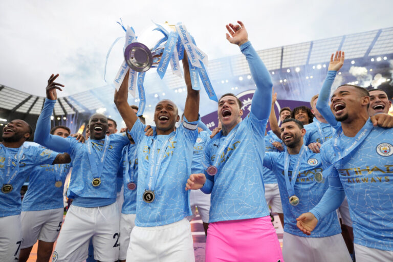 Manchester City lift the Premier League trophy, 23 May 2021