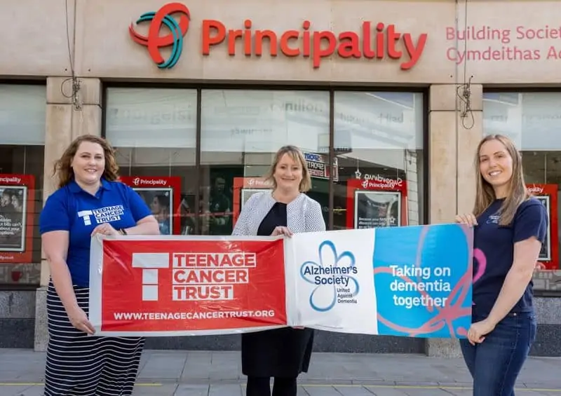 Charity representatives holding a banner outside a Principality building society branch 