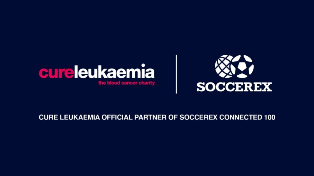 Banner promoting a partnership between Soccerex and Cure Leukaemia