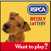 RSPCA weekly lottery logo, with dog, and question 'want to play?'
