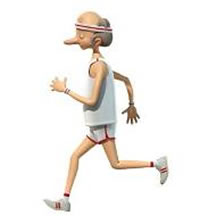 3D illustration of an old white man running with a headband, to the left