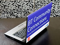 BT Community Connections logo on the back of an open laptop
