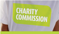 Charity Commission logo - lime green and white on a white tshirt