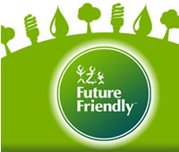 Future Friendly logo, with trees, lightbulbs and water drops on the horizon