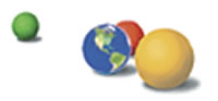 Google Earth's logo - planet Earth with red, green and yellow spheres around it