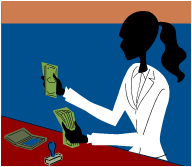 Illustration of woman holding money in both hands, a calculator and stamp on her desk.