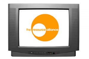 The Resource Alliance logo on a TV screen
