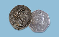 Roman coin and 50p coin beside each other for comparison